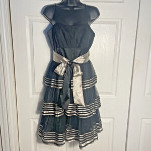 Vintaqe Y2K Camille La Vie Dress Women 8 Black Gold Layered Tiered Strappy Bow